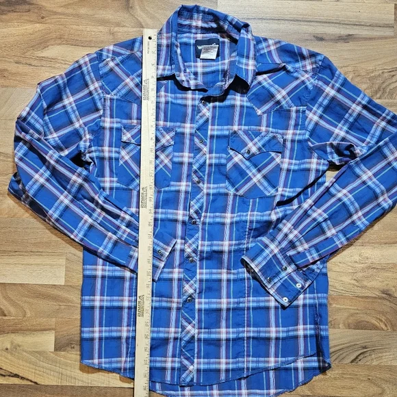Wrangler Pearl Snap Blue Plaid Medium Western - Picture 7 of 9